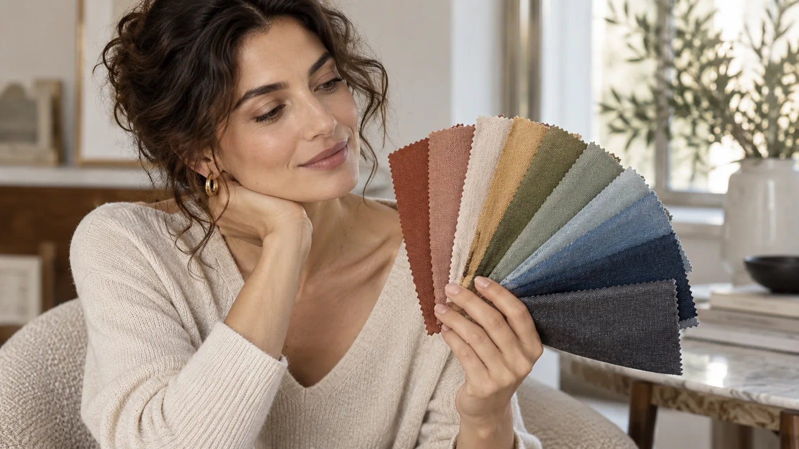Donna osserva una palette di campioni di tessuto colorati