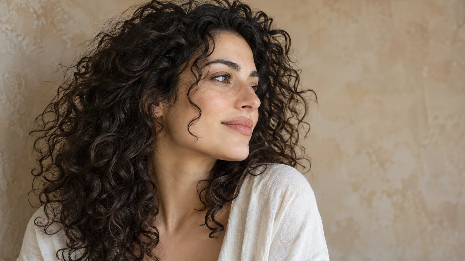 Donna con capelli ricci naturali in luce morbida