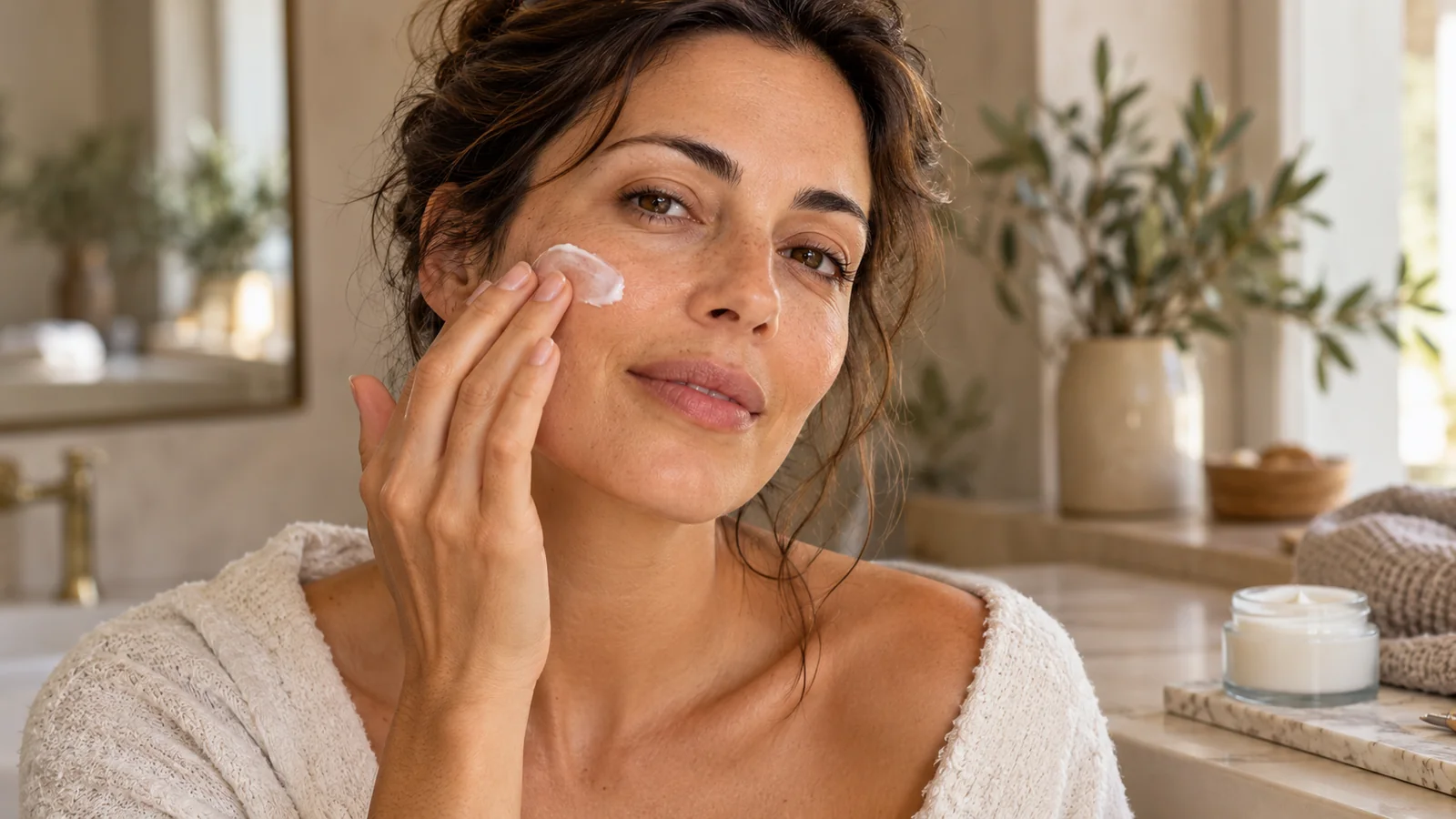 Donna applica una crema sul viso in luce naturale