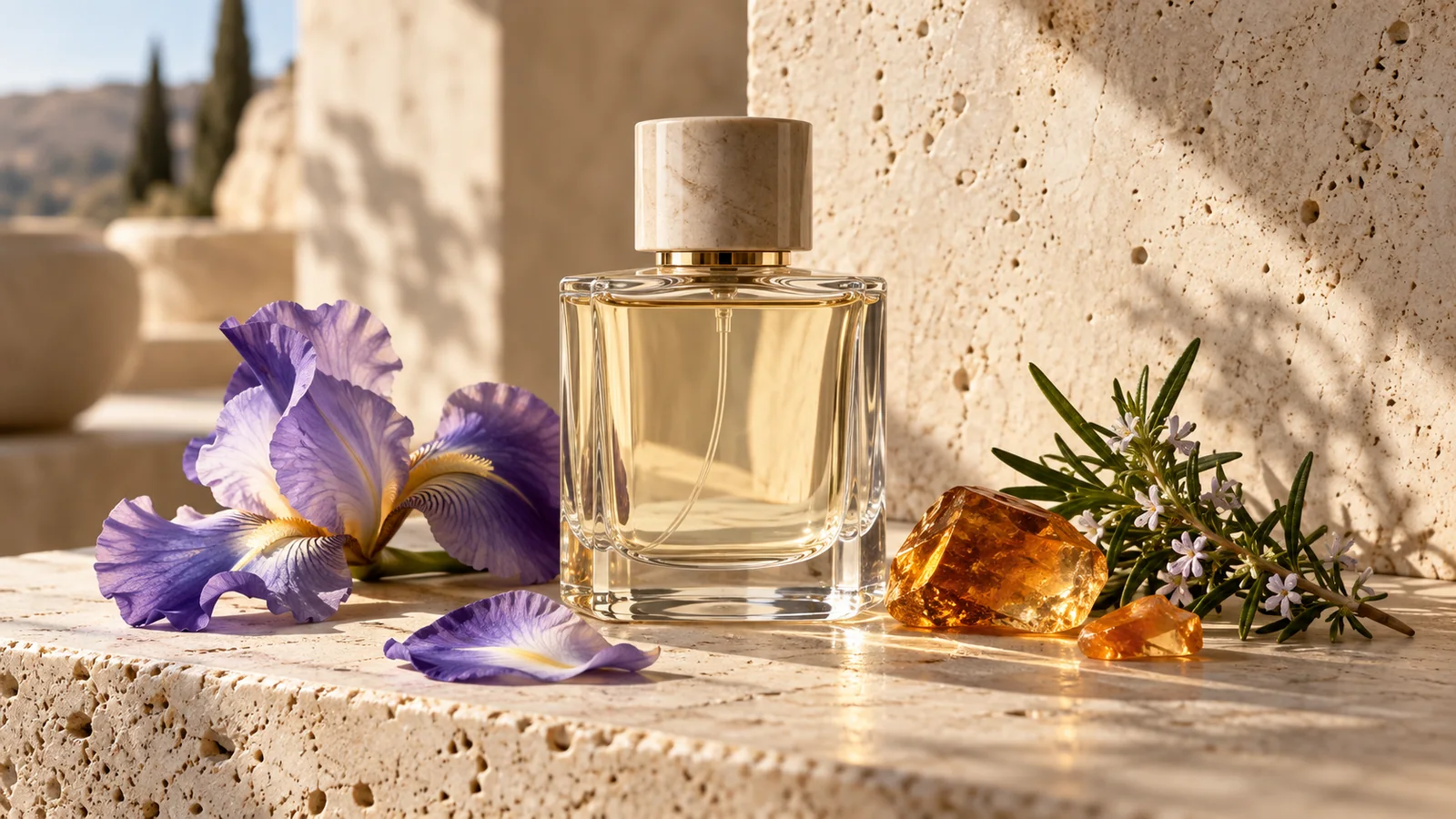 Flacone di profumo anonimo con iris e materiali aromatici