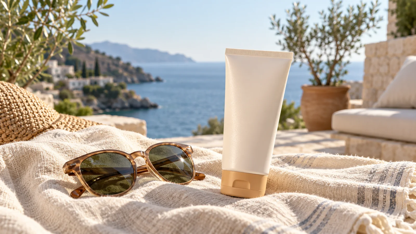 Flacone senza etichetta e occhiali da sole su un telo in luce mediterranea